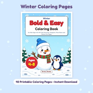 May include: A Winter Bold & Easy Coloring Book for kids ages 4-8 featuring 40 pages of snowmen, penguins, and polar bears. The cover shows a cartoon snowman in a blue hat and red scarf standing next to a penguin in a snowy forest setting.