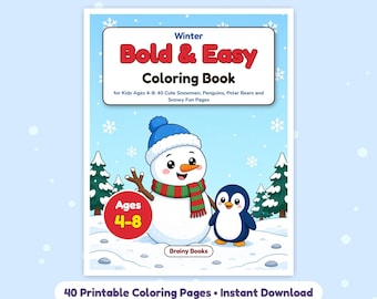May include: A Winter Bold & Easy Coloring Book for kids ages 4-8 featuring 40 pages of snowmen, penguins, and polar bears. The cover shows a cartoon snowman in a blue hat and red scarf standing next to a penguin in a snowy forest setting.