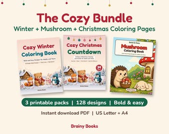 Puede incluir: El Cozy Bundle incluye tres libros para colorear imprimibles: Cozy Winter Coloring Book, Cozy Christmas Countdown y Mushroom Coloring Book. El conjunto presenta 128 diseños audaces y sencillos para adultos y adolescentes en formato PDF.