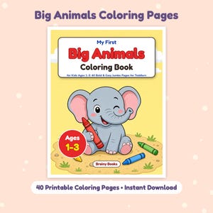 May include: A coloring book titled My First Big Animals Coloring Book for Kids Ages 1-3: 40 Bold & Easy Jumbo Pages for Toddlers. The cover features a cartoon elephant holding a red crayon with green, blue, and yellow crayons nearby.