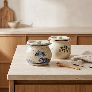 Japansk kryddburk med sked, kryddkruka med lock, sockerskål, saltbehållare, teförvaringsburk, japansk köksdekor