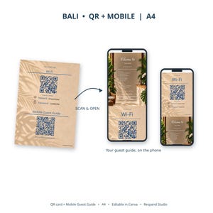 Op de afbeelding: Een beige A4-kaart met schaduwen van palmbladeren, voorzien van twee QR-codes, wifi-netwerk- en wachtwoordgegevens en de tekst Mobile Guest Guide. Twee smartphones tonen dezelfde digitale gastengids-interface met wifi-informatie.