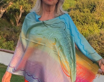 Boho Reversible Poncho: Turquoise Rainbow Pashmina Shawl Poncho