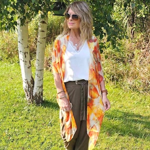 Bohemian Kimono, Orange and Cream Leaves Kimono Bathing Suit Cover Up, Bridal Shawl, Boho Beach Duster, Sheer Festival Wrap