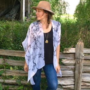 Sheer Floral Kimono: White & Grey Silky Polyester Duster