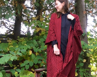 Bohemian Cape: Red and Black check Print Blanket Kimono, Long Fleese Poncho, Winter Cover Up, Cosy Shawl, Warm Wrap Jacket