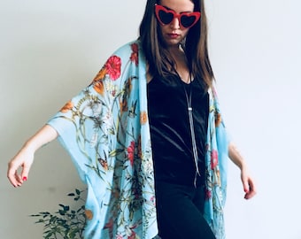 Sheer Kimono: Turquoise Floral Kimono Bathing Suit Cover Up Bridal Shawl Wrap Beach Boho Festival Sheer