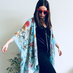 Sheer Kimono: Turquoise Floral Kimono Bathing Suit Cover Up Bridal Shawl Wrap Beach Boho Festival Sheer