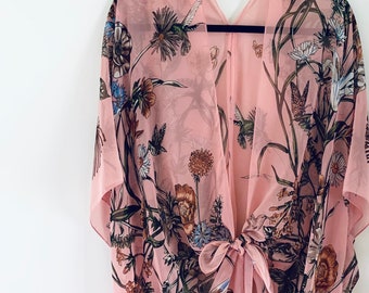 Bohemian Floral Kimono: Light Pink Sheer Duster Cover-Up