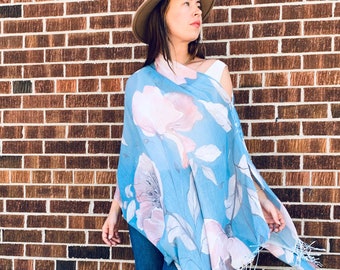 Boho Silk Cotton Shawl: Blue Pink Floral Watercolor Poncho
