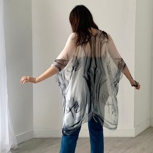 Bohemian Kimono, Grey and White Large Floral Kimono Bathing Suit Cover Up, Bridal Shawl, Boho Beach Duster, Ultra Sheer Festival Wrap
