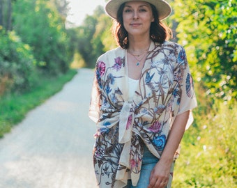 Floral Bohemian Kimono: Sheer Silky Polyester Cover-Up