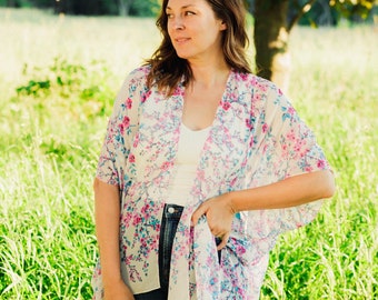 Boho Floral Kimono: Sheer White & Pink Beach Cover-Up