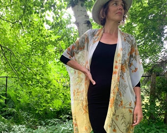 Bohemian Floral Kimono: Sheer Yellow Duster, Breezy Cover-Up