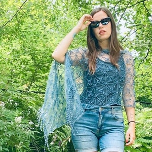 Boho Shawl - Dusty Blue Floral Lace Poncho, Fringe Wedding  Wrap, Lacy Beach Cover-up