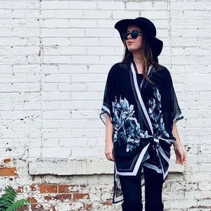 Boho Sheer Kimono: Black and White Floral Kimono Bathing Suit Cover Up Bridal Shawl Wrap