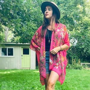 Boho Kimono: Bright Pink Floral Kimono, Bathing Suit Cover Up, Bridal Shawl, Sheer Wrap,Bohemion Beach Duster