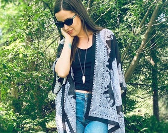 Boho Paisley Kimono: Black and White Silky Cover-Up