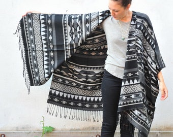 Bohemian Fleece Kimono: Black, Grey, and White Southwest Poncho