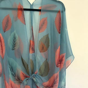 Bohemian Kimono,  Turquoise and Coral Leaf Kimono Bathing Suit Cover Up, Bridal Shawl, Boho Beach Duster, Sheer Festival Wrap