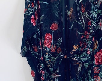 Floral Kimono: Navy & Pink Bohemian Duster - Silky Polyester
