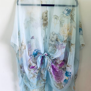 Bohemian Kimono, Light Blue Rose Floral Kimono Bathing Suit Cover Up ...