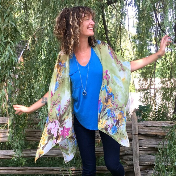 Green Floral Sheer Kimono Bathing Suit 