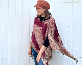 Burgundy Paisley Pashmina Shawl: Reversible Bohemian Poncho
