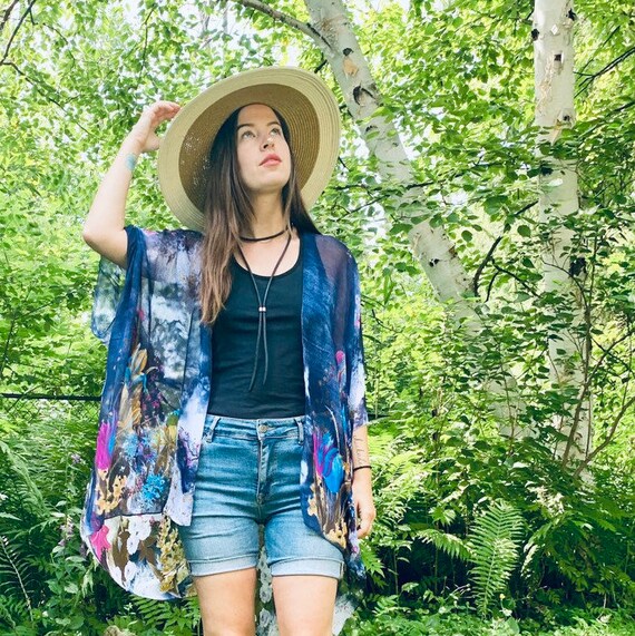 Sheer Kimono Blue Hippie Floral Kimono Bathing Suit Cover up