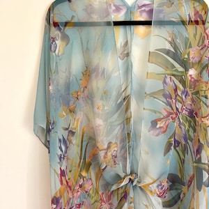 Bohemian Kimono,  Turquoise Blue and Orange Tropical Floral Bathing Suit Cover Up, Bridal Shawl, Boho Beach Duster, Sheer Festival Wrap