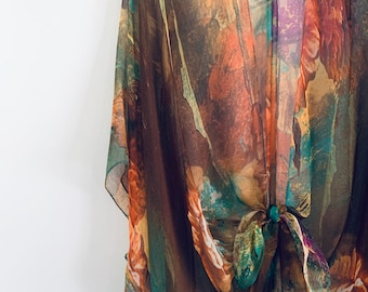 Kimono bohème, kimono abstrait marron, tenue de maillot de bain, châle de mariée, châle bohème, plumeau de plage transparent