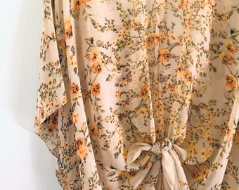 Boho Tan and Yellow Floral Print Kimono Bathing Suit Cover Up Bridal Shawl Wrap Bohemian Beach Sheer Wedding Boudoir