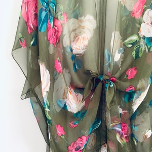 Boho Kimono, Olive Green and Pink Floral Kimono, Bathing Suit Cover Up, Bridal Shawl, Festival Wrap, Bohemian Sheer Duster