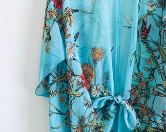 Boho Kimono, Kimono floral bleu turquoise, maillot de bain Cover Up, Châle nuptial, Boho Beach Duster, Sheer Festival Wrap