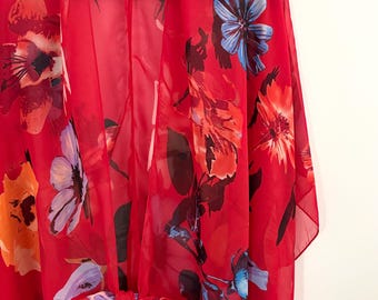 Red Floral Kimono: Sheer Boho Beach Cover-Up