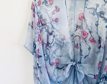 Boho Kimono: Dusty Blue Floral Kimono Bathing Suit Cover up - Etsy