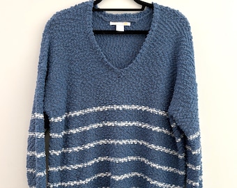 Vintage 90’s Vibe Blue Striped Sweater, Cozy Vneck