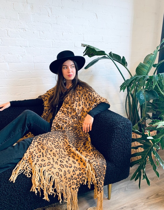 Boho Tan and Black Animal Print Kimono Leopard Cover Up Bohemian Knit Wrap Cheetah Fringe Long Duster Cosy Cover Up Etsy UK
