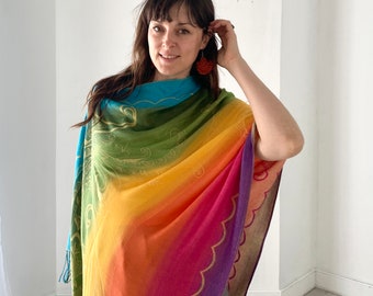 Bohemian Rainbow Shawl - Reversible Vibrant Paisley Poncho p