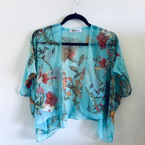 Boho Cropped Kimono, Turquoise Tropical Floral Kimono, Bathing Suit ...