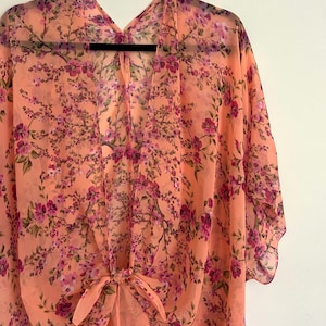 Bohemian Kimono,  Coral Floral Kimono Bathing Suit Cover Up, Bridal Shawl, Boho Beach Duster, Sheer Festival Wrap