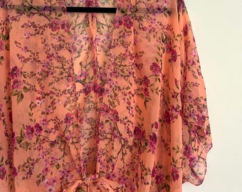 Coral Floral Bohemian Kimono: Sheer Beach Cover-Up, Bridal Shawl