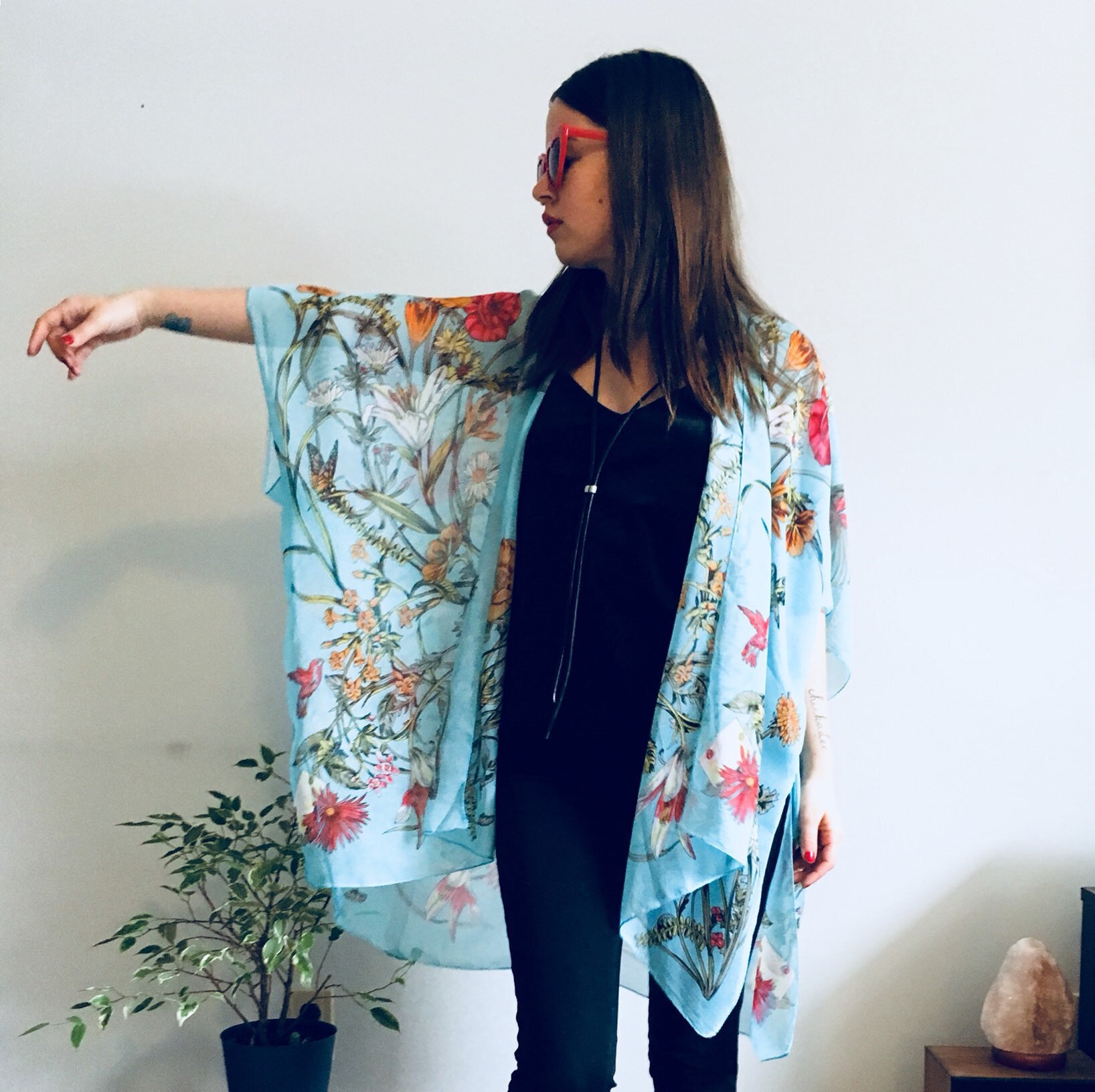 Sheer Kimono: Turquoise Floral Kimono 