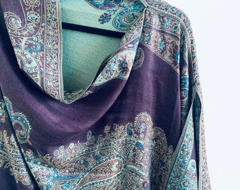 Draped Shawl - Purple Paisley Pashmina Reversible Poncho Shawl Scarf Cover-Up Turquoise Print