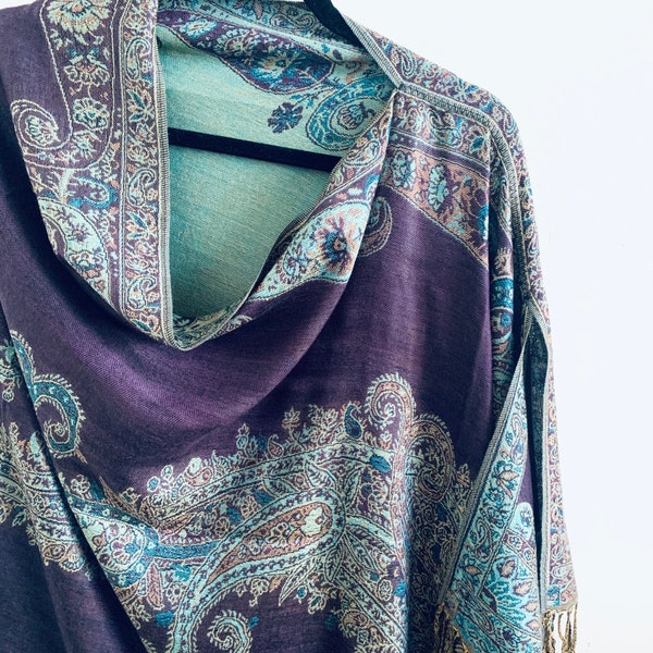 Draped Shawl - Purple Paisley Pashmina Reversible Poncho Shawl Scarf Cover-Up Turquoise Print