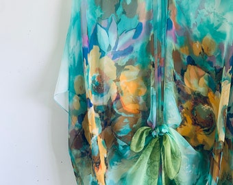 Kimono bohème, kimono floral turquoise et jaune, cache-maillot de bain, châle de mariée, plumeau de plage bohème, châle transparent