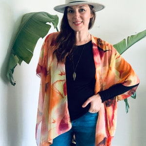 Bohemian Kimono, Orange Abstract Kimono Bathing Suit Cover Up, Bridal Shawl, Boho Beach Duster, Sheer Festival Wrap