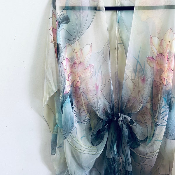 Boho Kimono, grau und rosa Lotus Kimono Badeanzug Cover Up, Braut Schal, Boho Strand Duster, Ultra Sheer Festival Wrap