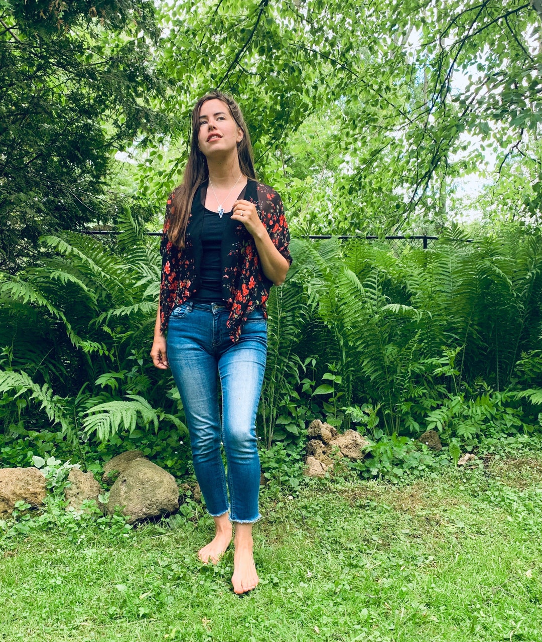 Beach Cropped Kimono Black and Red Floral Kimono Bathing Suit Cover up