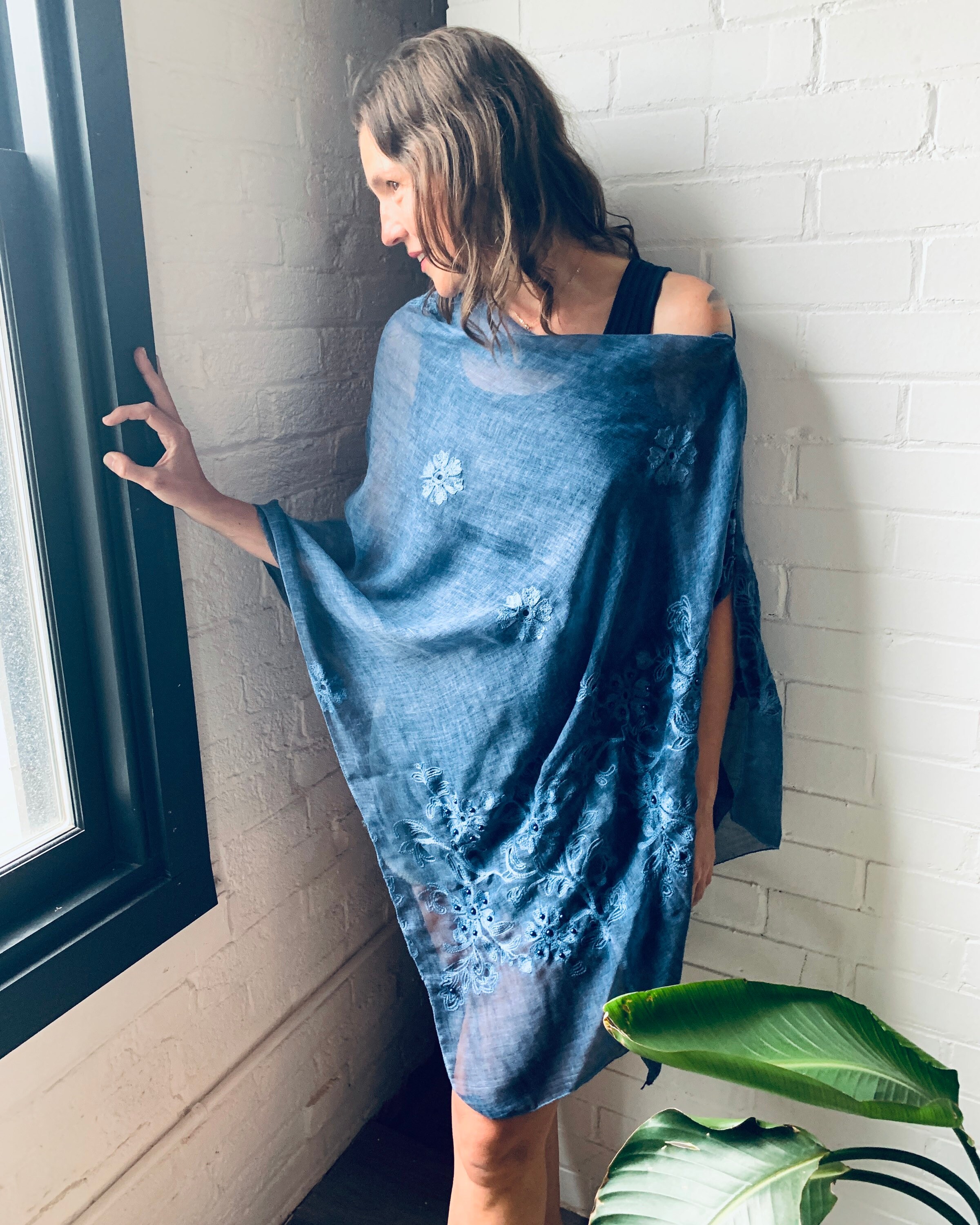 Bohemian Shawl , Denim Blue Embroidered Floral Poncho, Boho Scarf, Beach Cover Up, Nursing and  Maternity Shawl